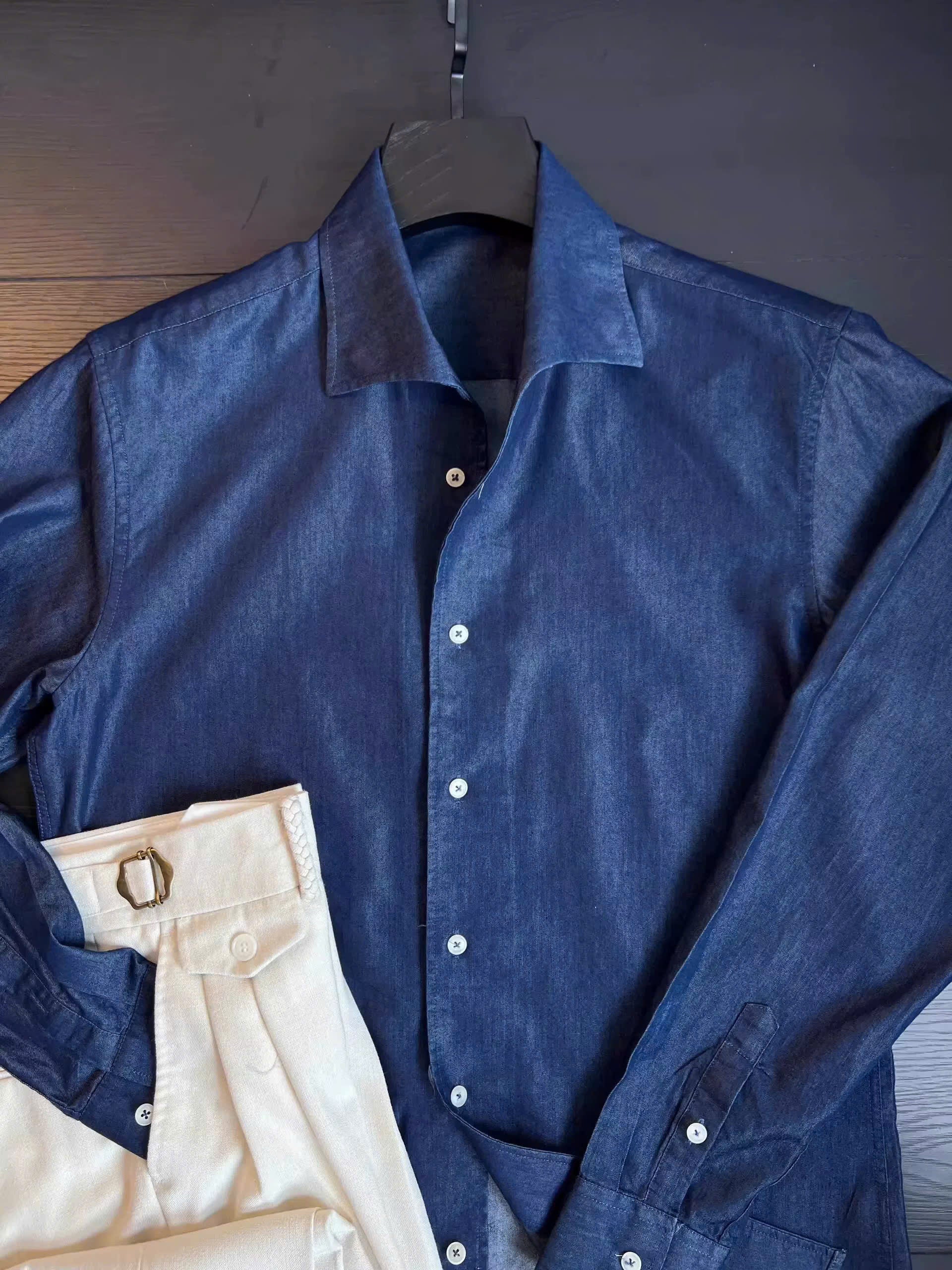 Modern Denim Shirt with Hidden Button-Down Collar - Image 5