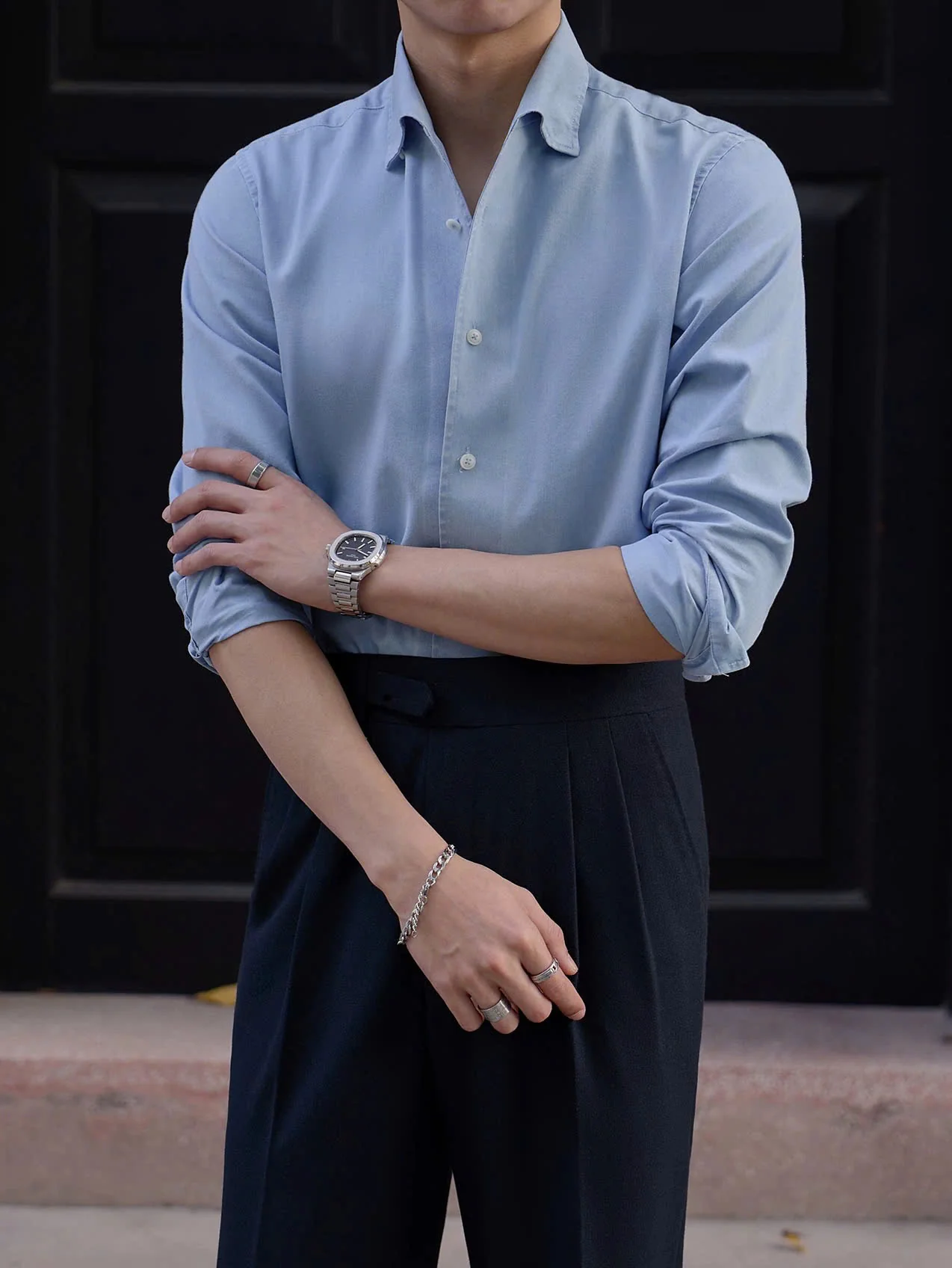 Modern Denim Shirt with Hidden Button-Down Collar - Image 8